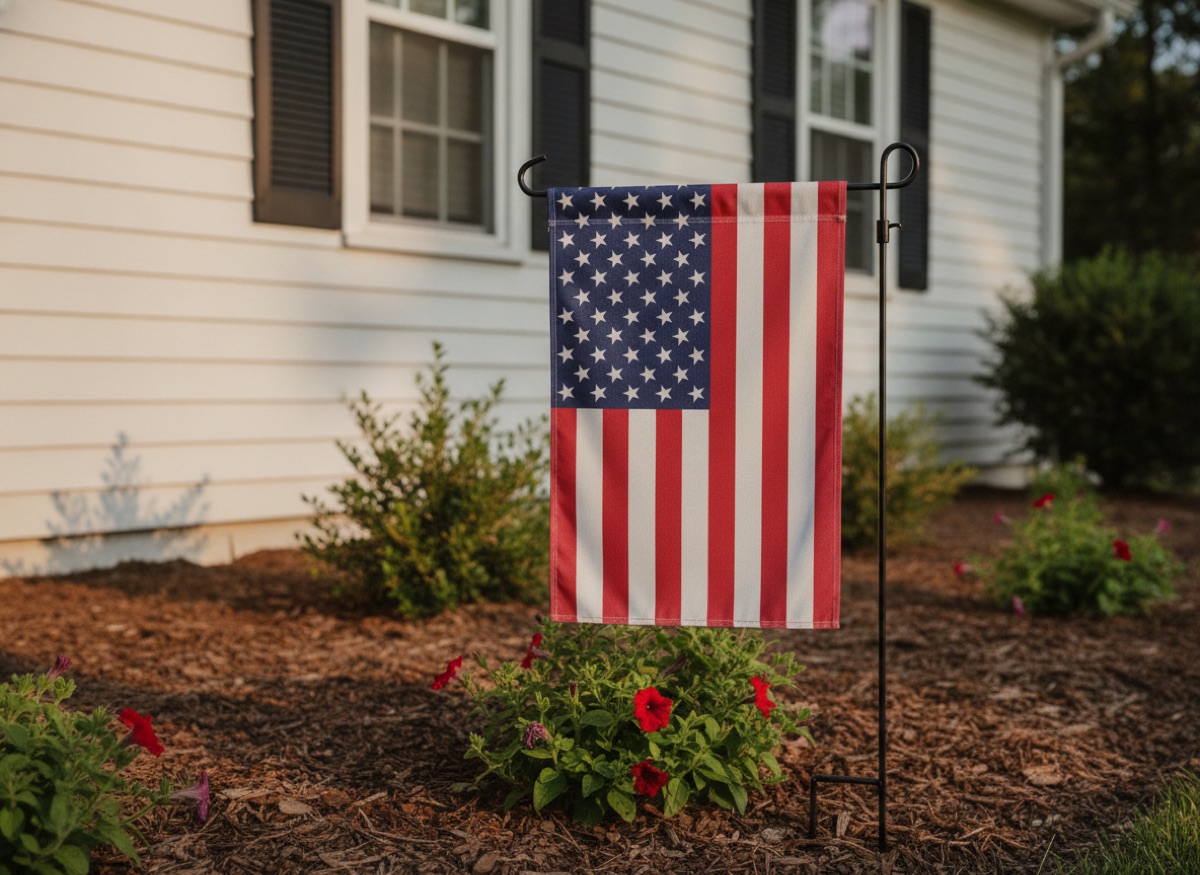 American Flag Banner printed on a garden flag standing in a front yard
