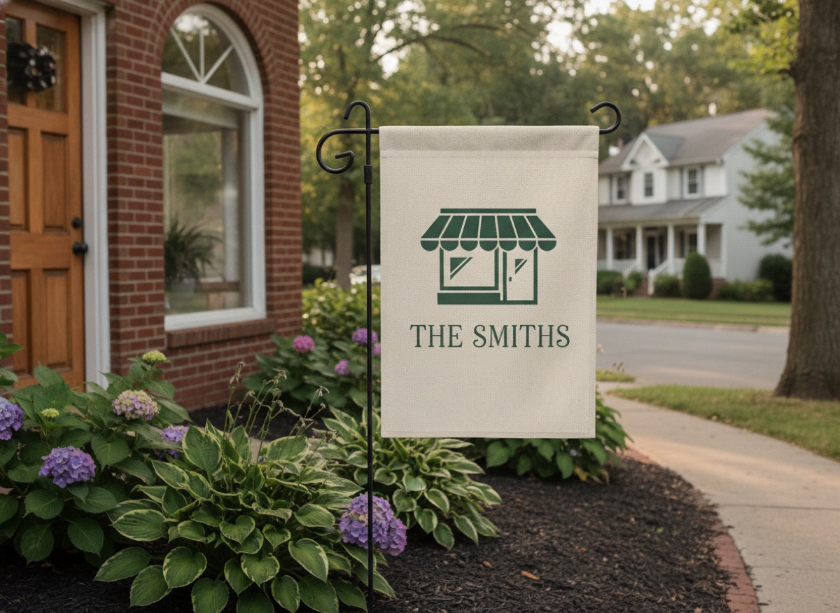 Business Logo Flag printed on a garden flag standing in a front yard
