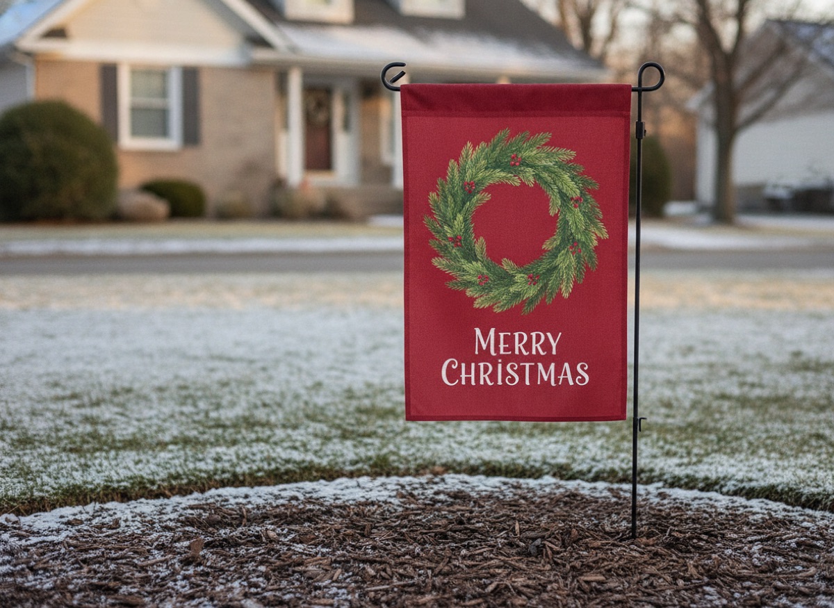 Christmas Garden Flag printed on a garden flag standing in a front yard