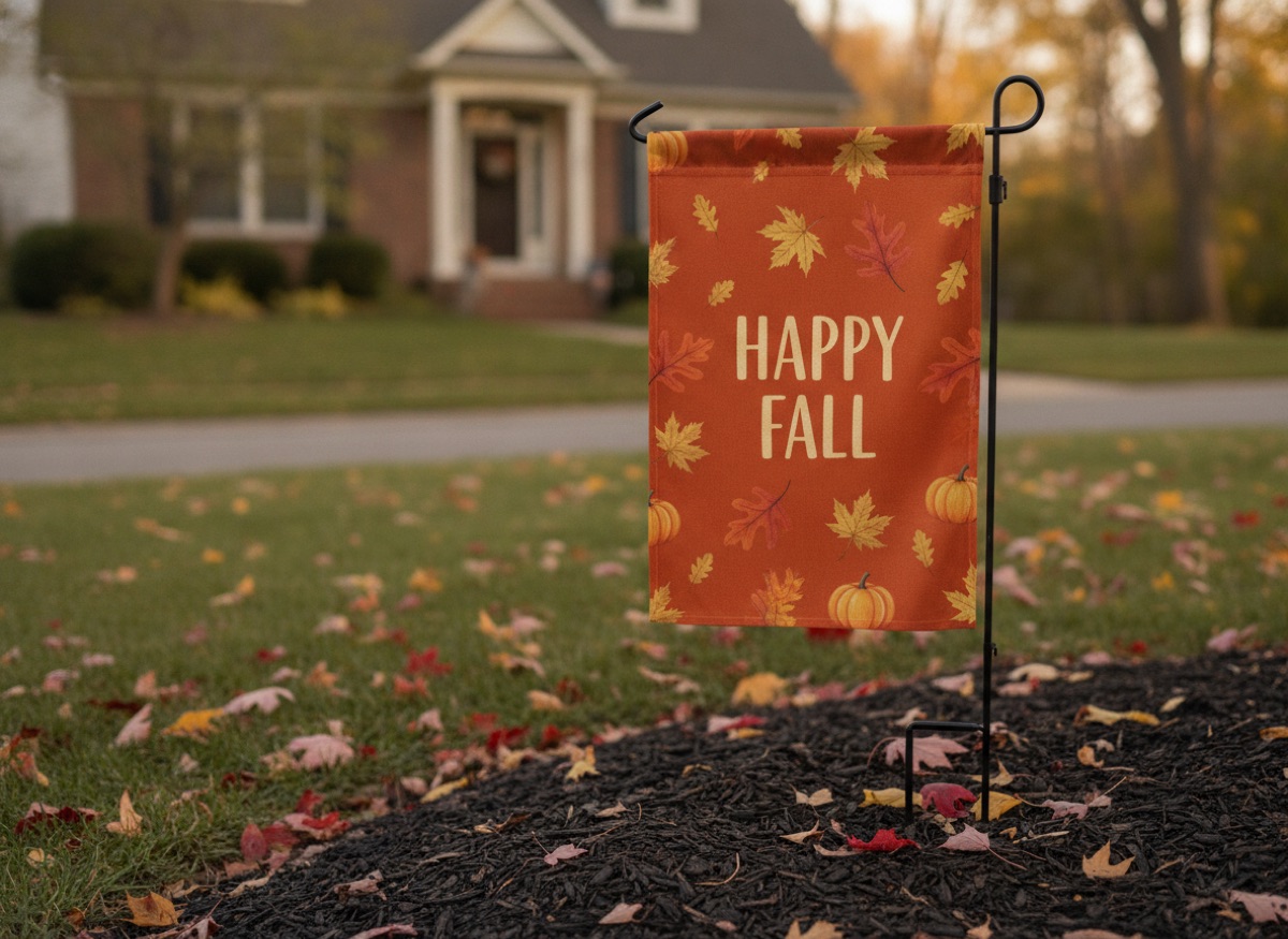 Fall Garden Flag printed on a garden flag standing in a front yard