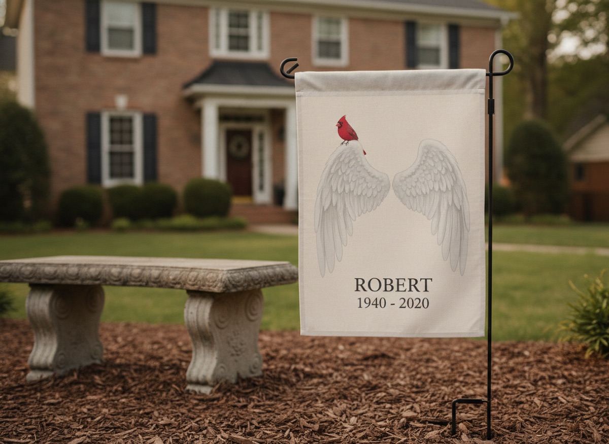 Memorial Garden Flag printed on a garden flag standing in a front yard