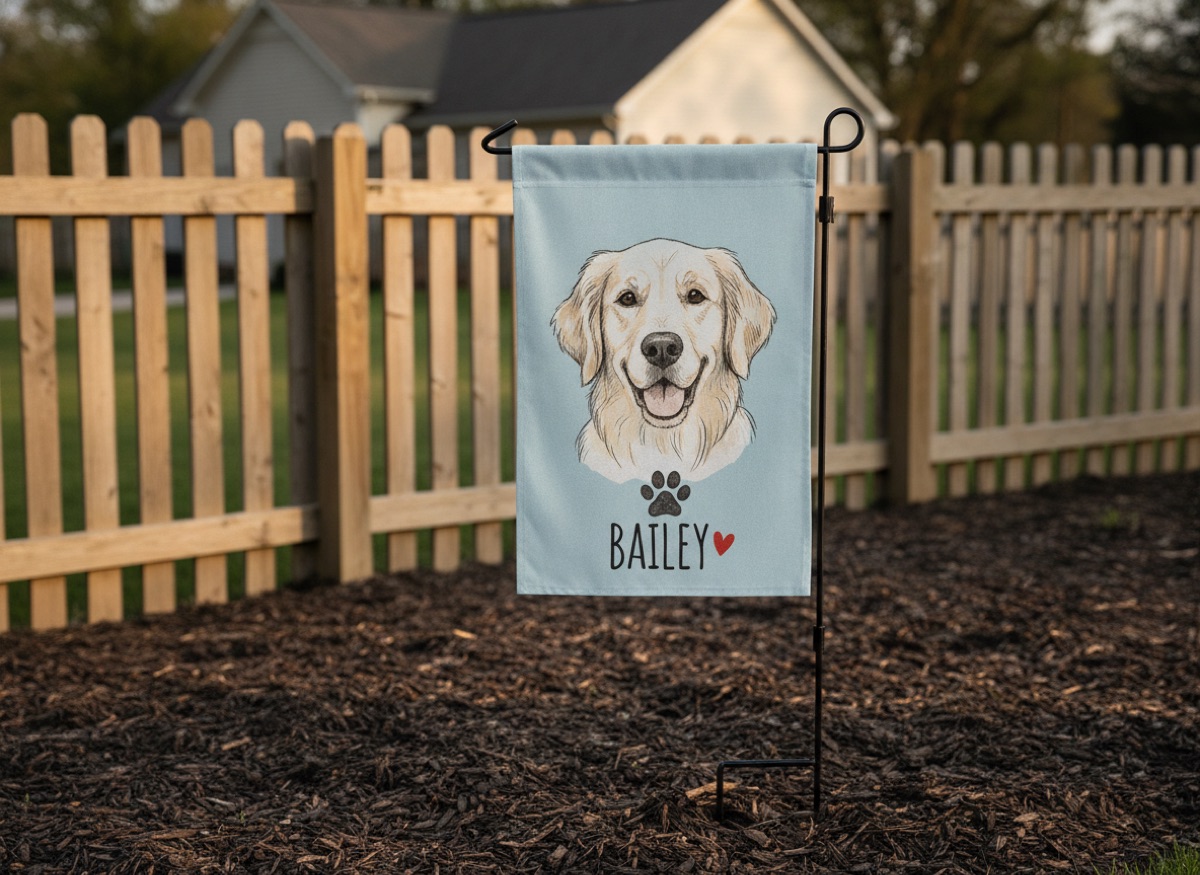 Pet Memorial Garden Flag printed on a garden flag standing in a front yard