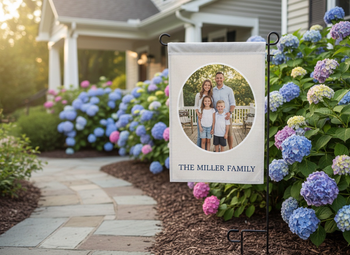 Photo Garden Flag printed on a garden flag standing in a front yard