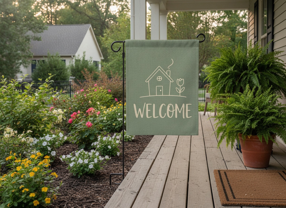 Welcome Garden Flag printed on a garden flag standing in a front yard