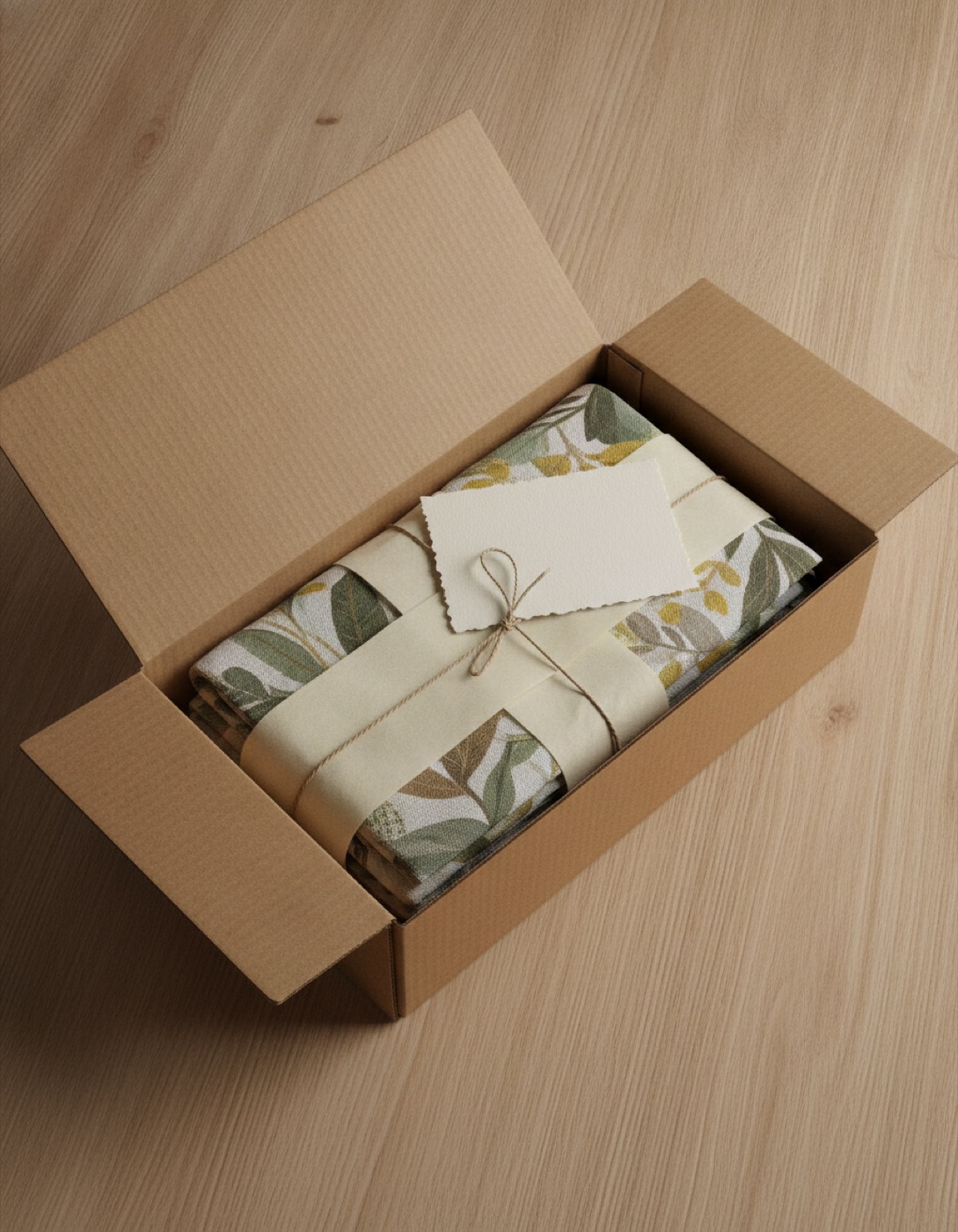 A printed garden flag folded in tissue paper inside a kraft box with a printed card