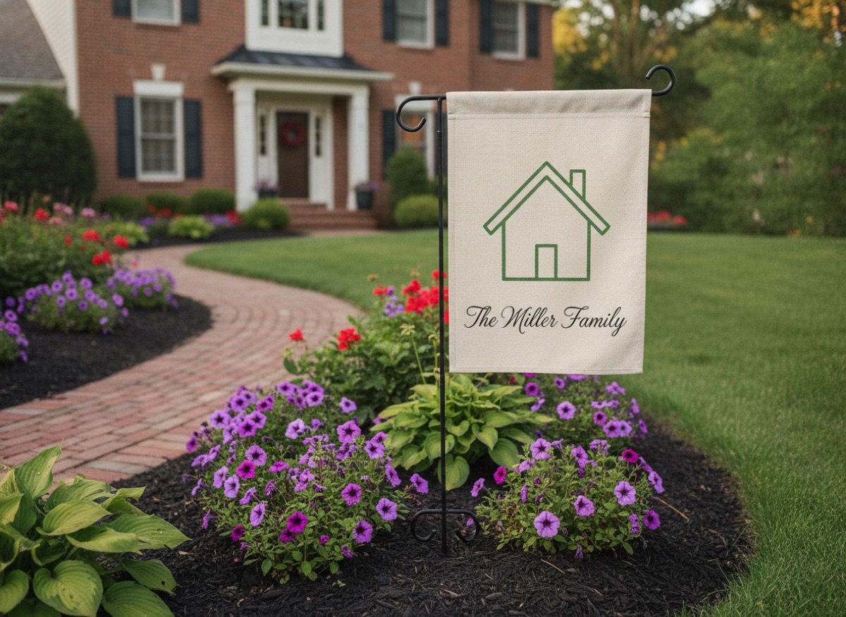 Double-sided garden flag printed on a garden flag standing in a front yard