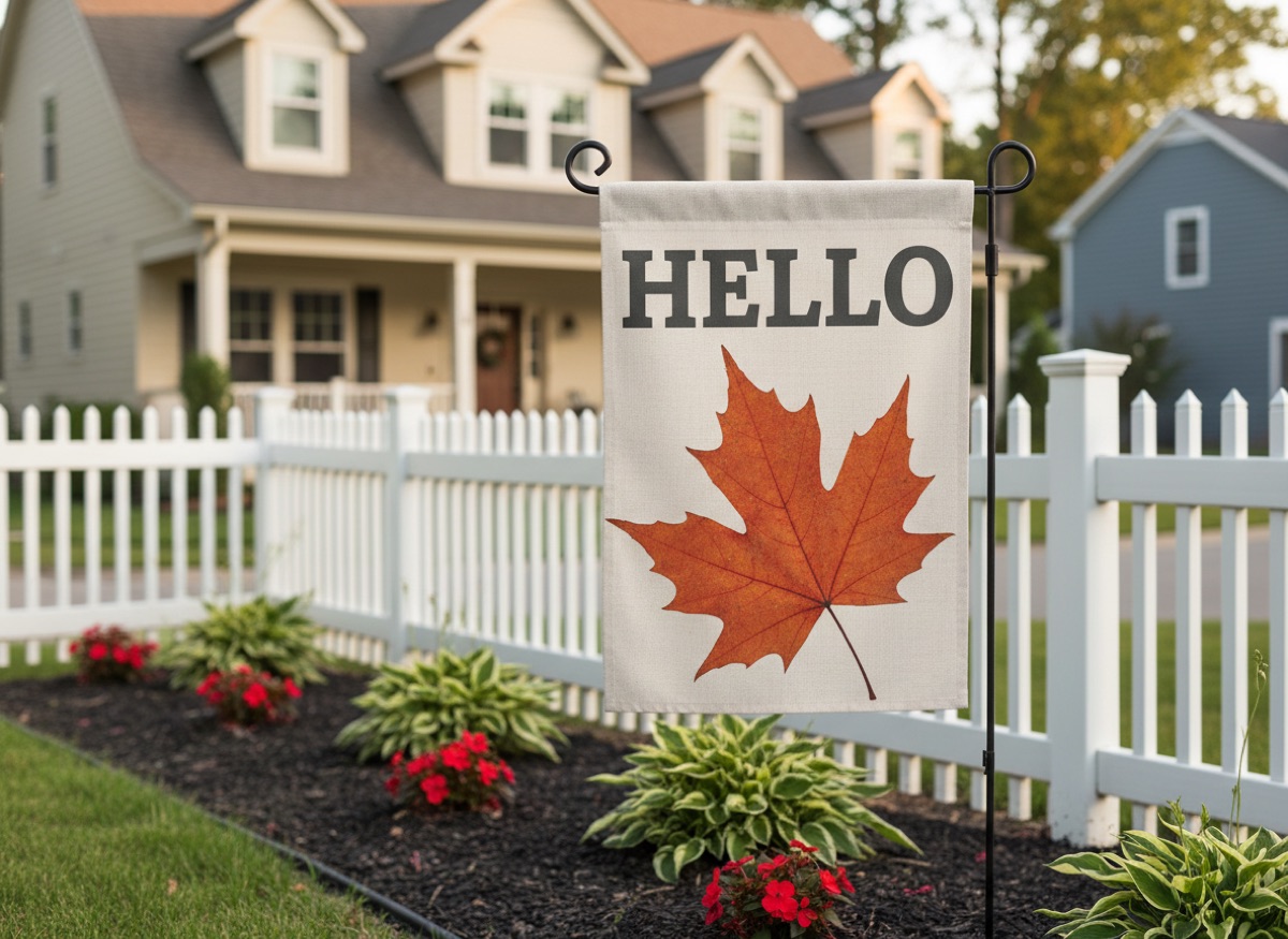 Single-sided garden flag printed on a garden flag standing in a front yard